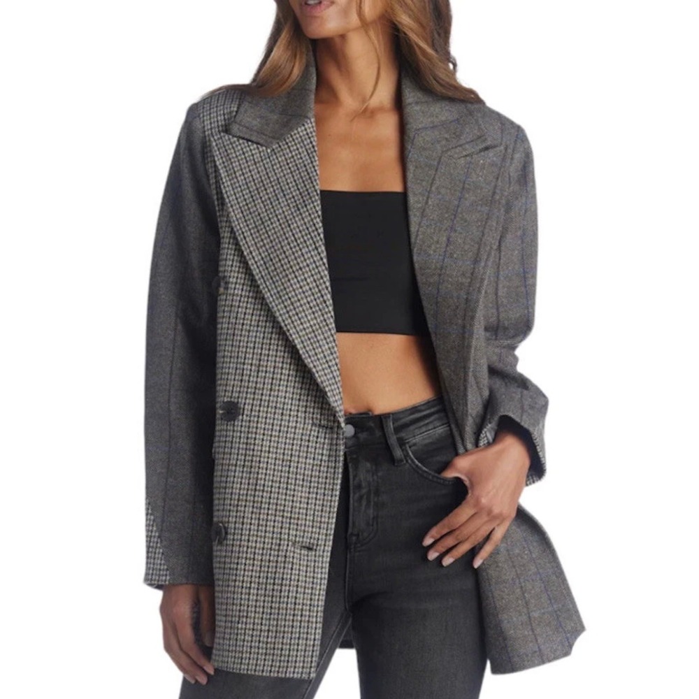 7 For All Mankind Womens Mixed Pattern Double Breasted Blazer Gray Wool Blend L